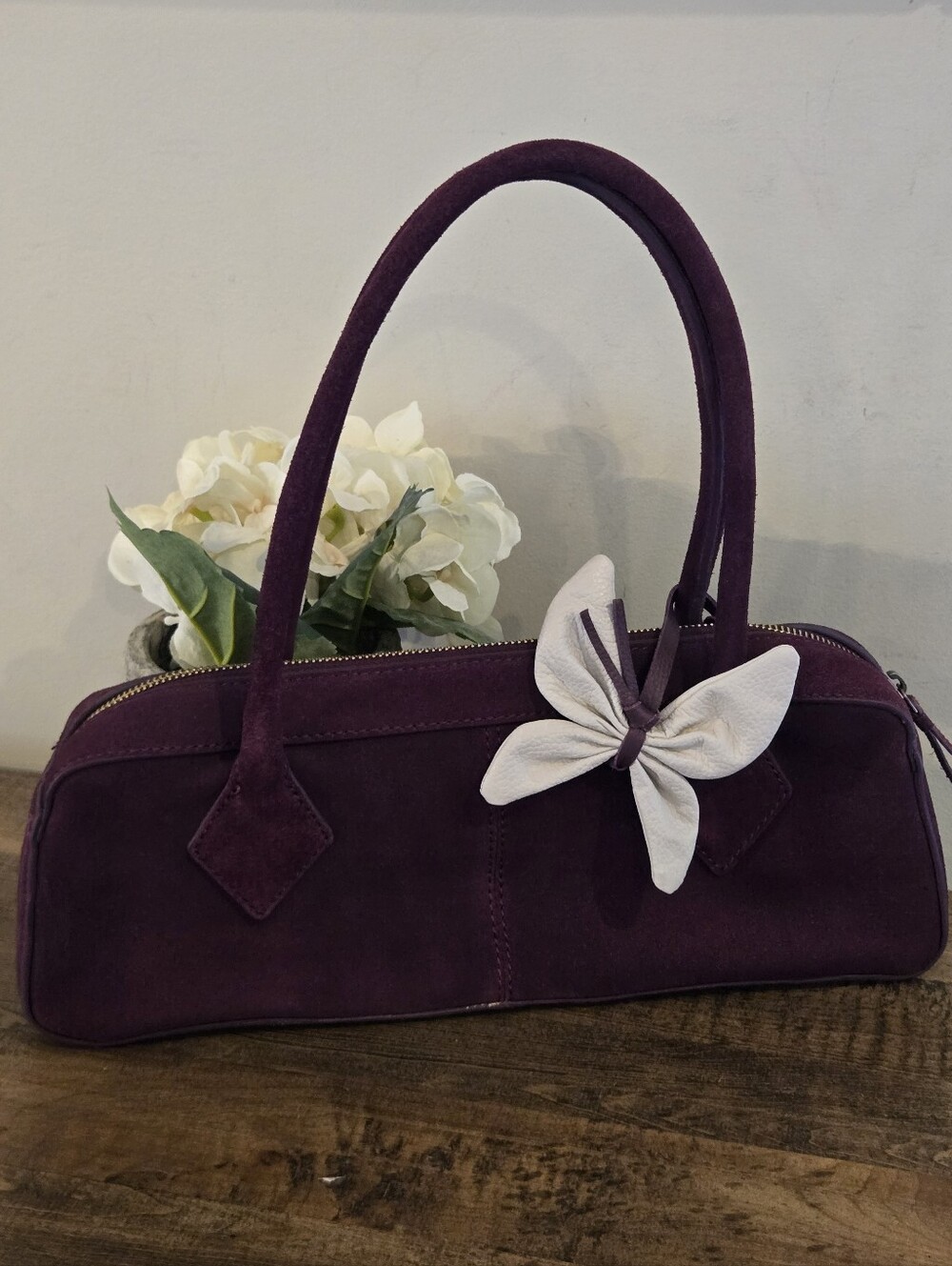 (New) Genuine Suede Leather Baguette Purse Bag Plum Bag With Leather Bow Charm